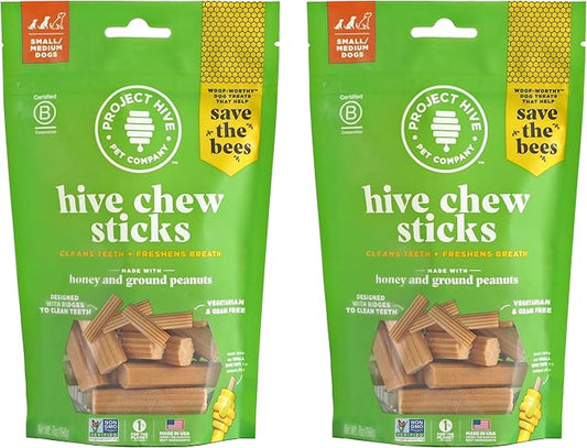 Hive Chew Stick Treats for Small Dogs 2 Pack— Healthy, Non-GMO Project Verified, Natural Peanut Butter Flavored, Natural, Vegetarian Chews, Made in The USA (Chew Sticks, Small Breeds)