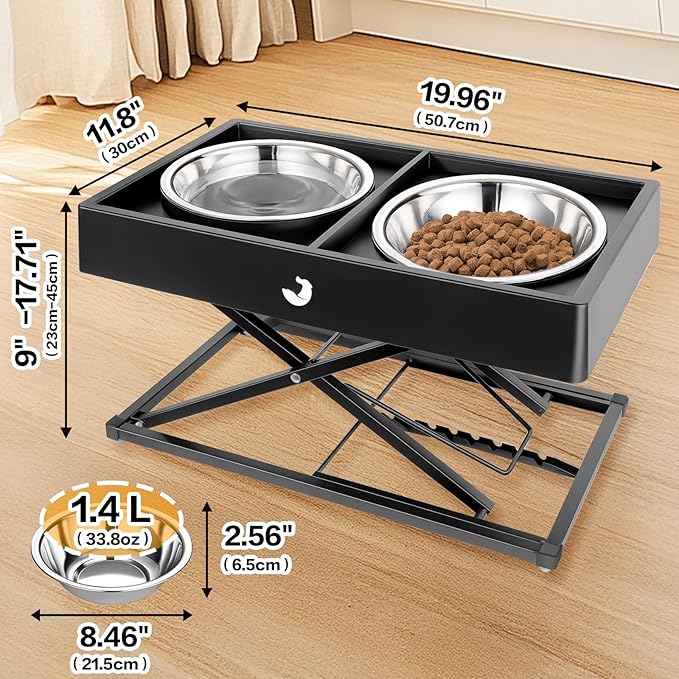 Joytale Elevated Dog Bowls for Large Breeds, Heavy Duty 9 Adjustable Height from 9" to 17.5" Metal Stand Anti-Slip, Non Spill Raised Food & Water Station with 2 Stainless Steel Food Bowls, Black
