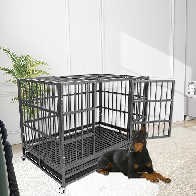 Confote 47 Inch Heavy Duty Dog Crate,High Anxiety Escape-Proof Steel Dog Crate Indestructible Dog Kennel for Medium to Large Dogs, with Lockable Wheels abd Removable Tray