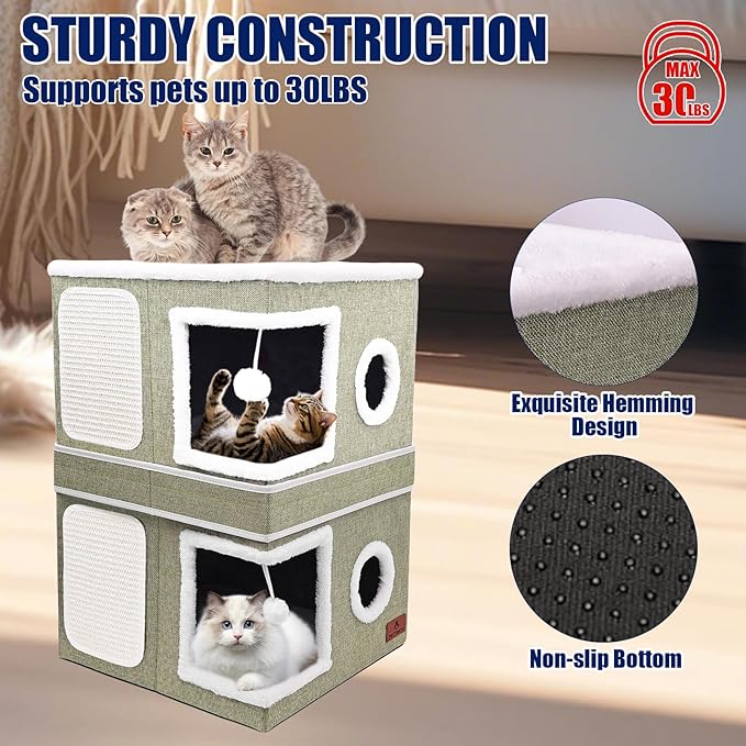 2-Story Cat House for Indoor Cats, Dual-Purpose Cave Bed with Scratch Pad and Fluffy Ball, Foldable Cat Hideaway, Cute Condo Furniture for Multi Small Pet Kitten, Green