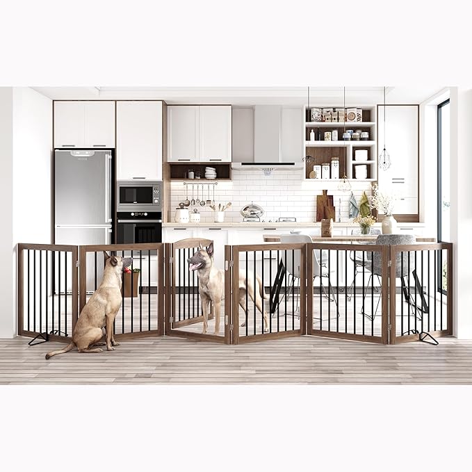 Vantas Folding Pet Gate 144" Wide, 30" Tall No-Assembly Wooden Dog Gate with Door Walk Through, Freestanding Pet Gate, Puppy Safety Fence, with 2PCS Support - Brown