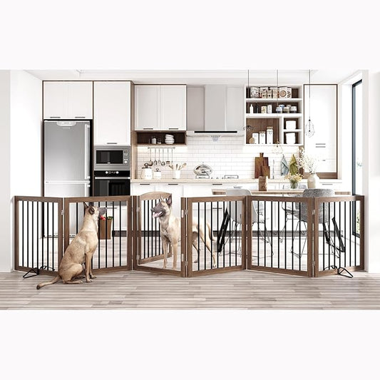 Vantas Folding Pet Gate 144" Wide, 30" Tall No-Assembly Wooden Dog Gate with Door Walk Through, Freestanding Pet Gate, Puppy Safety Fence, with 2PCS Support - Brown