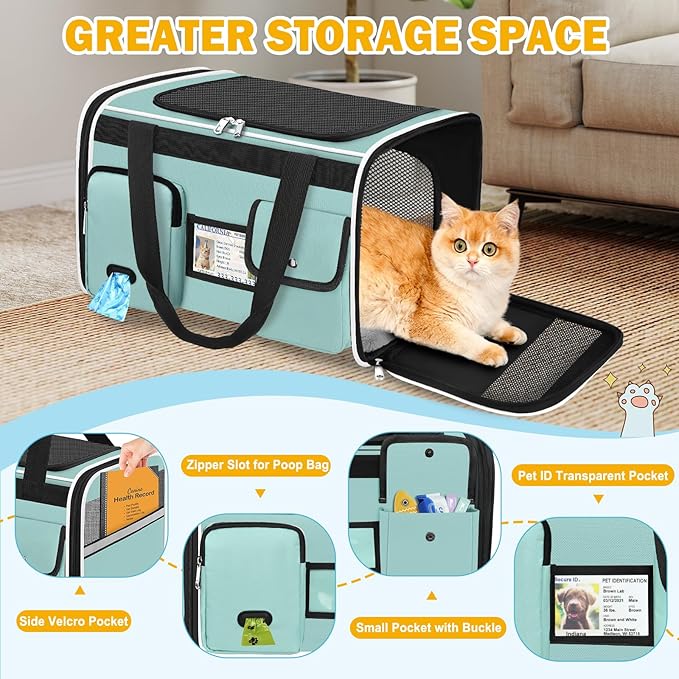 HUANLANG Soft-Sided Cat Carrier Airline Approved,Dog Carriers for Small Dogs Medium Cats,Pet Travel Carrier Up to 15 Lbs,Collapsible Cat Bag