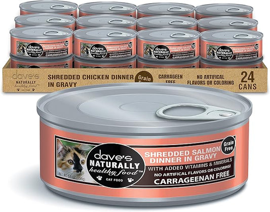 Dave's Pet Food Grain Free Wet Cat Food (Shredded Salmon in Gravy), Made in Canada Naturally Healthy Canned Cat Food, Added Vitamins & Minerals, Wheat, GMO & Gluten-Free, 5.5 oz (24 Pack)