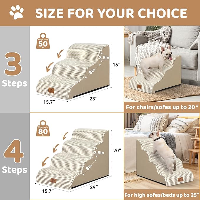 Dog Ramp and Stair for Bed 16" H-20 H,3-Step Cat Stair for Sofa and Chair,4-Step Dog Ramp for High Bed and Window,Durable Nonslip Fabric Cover for Indoor (Beige-20 H, Pet Friendly, 4)