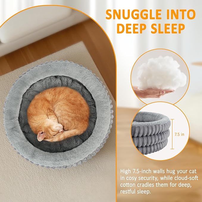 Cat Bed, 20’’ Round Donut Fluffy Cat Beds for Indoor Cats and Small Dogs, Washable Deep Sleep Calming Pet Bed Kitten Bed