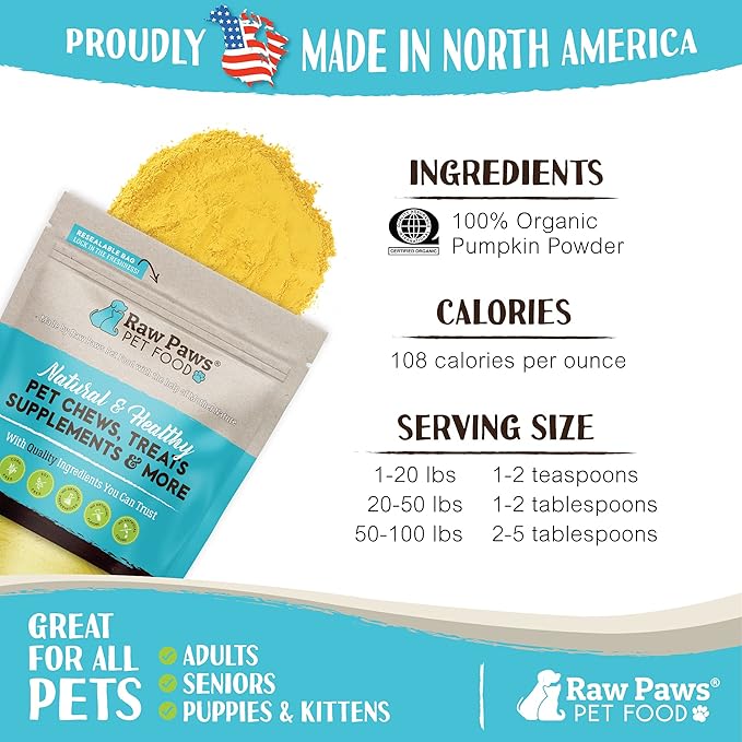 Raw Paws Organic Pumpkin Powder for Dogs & Cats (4-Ounce) - Made in USA - Fiber for Cats - Healthy Stool - Diarrhea & Constipation Relief - Dried Pumpkin for Dogs - Dog Food Topper