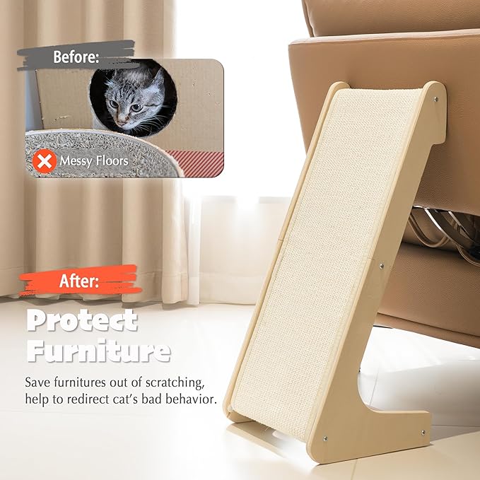 PETKARAY L Shape Cat Scratcher, Sisal Kitty Scratching Ramp, Vertical Scratch Pad for Indoor Cats, 25.3" Furniture Protector with Catnip, White