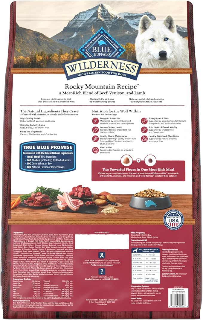 Blue Buffalo Wilderness Rocky Mountain Recipe High-Protein Senior Dry Dog Food, Made in The USA with Natural Ingredients Plus Wholesome Grains, Red Meat, 22-lb. Bag