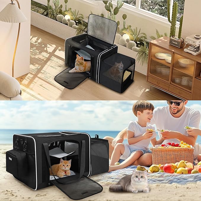 Petskd Side Expandable Extra Large Cat Carrier with Litter Box Area, 24"x17"x17" Soft-Sided Pet Carrier for 2 Cats Under 55 lbs with Zipper Locks for Car Travel(Black)