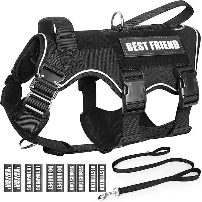 Tactical Service Dog Vest and Leash Set,Heavy Duty Harness with Metal Buckles for Medium Sized Dogs,Adjustable No Pull Pet Vest with Patches for Training Working,Black M