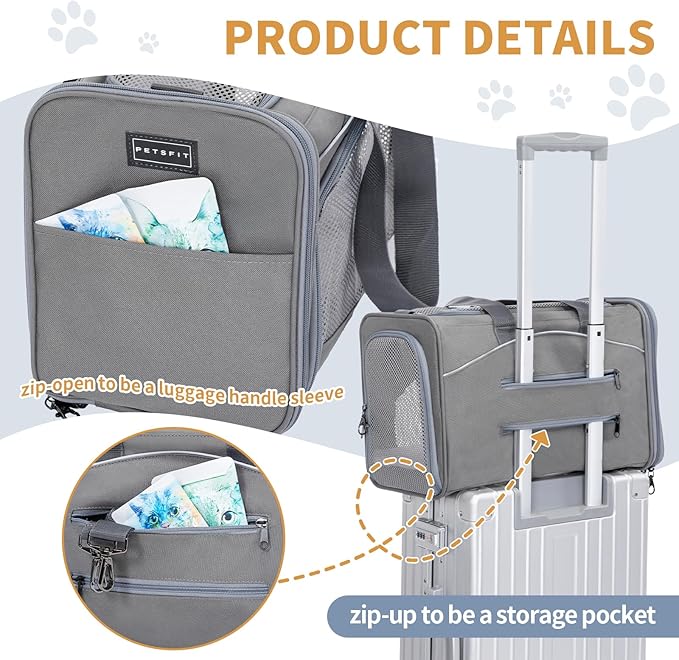‌Petsfit Airline Approved Pet Carrier for Small Dogs & Cats, 18x8x11 TSA Approved Carrier, with Removable Dual-Sided Padding (2-Way Placement) - Fits Under Most Airplane Seats, Escape Proof (Grey)