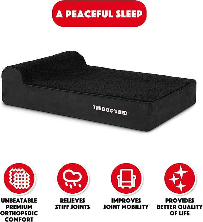 The Dog’s Bed Orthopedic Headrest Dog Bed Large Black Plush, Memory Foam, Pain Relief for Arthritis, Hip & Elbow Dysplasia, Post Surgery, Lameness, Waterproof Washable Cover