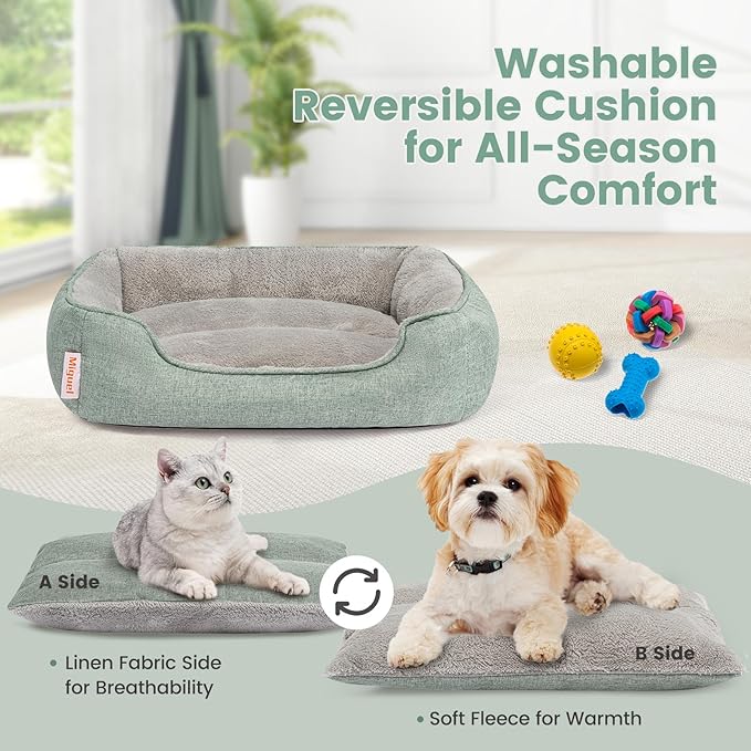 Miguel Faux Linen Dog Bed with Removable Cushion Pillow for Medium Small Dogs, Washable Pet Bed with Side Easy to Wash Puppy Bed, Rectangle Cat Bed for Indoor Cat with Anti-Slip Bottom, Green 35 Inch