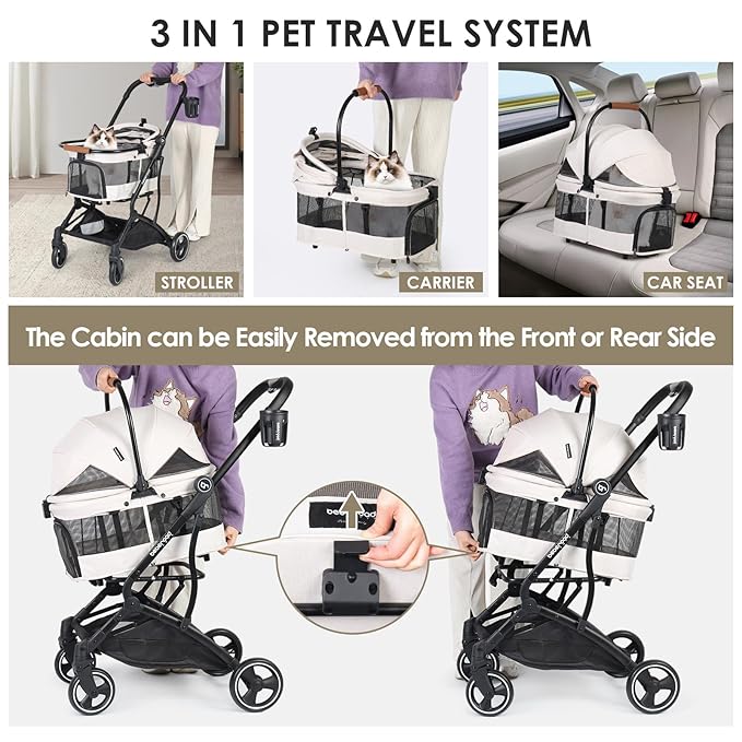 T3 Foldable Pet Stroller for Small Dogs & Cats – 3-in-1 Lightweight Design, 180° Canopy & Detachable Carrier (Beige)