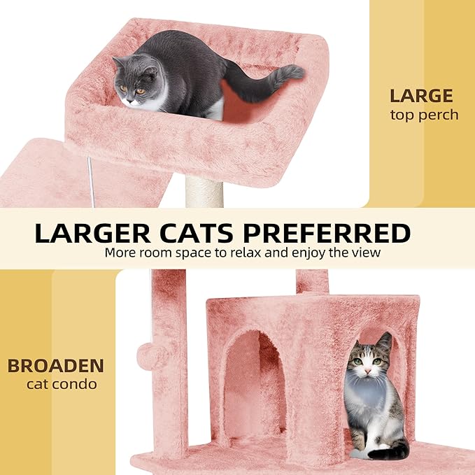 Cat Tree, 54-Inch Cat Tower for Indoor Cats,Plush Multi-Level Cat Condo with Scratching Posts, Basket, Perches,2 Caves,2 Pompoms(Pink)