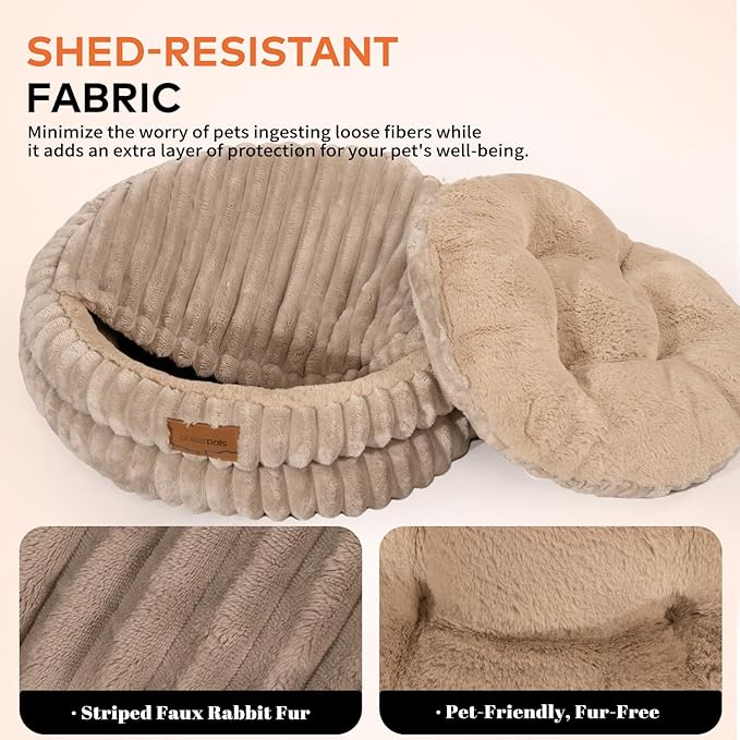 CHEERPALS Cat Bed Cave for Indoor Cats, Washable Round Cat Bed Soft Fluffy Pet Bed for Kitty, Puppy and Small Dog(Khaki)