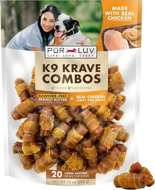 Dog Treats, K9 Kraves Combo Rawhide Free Bone Dog Treat, Peanut Butter and Chicken Flavor, Made with Real Peanut Butter and Chicken, 20 Count, Easily Digestible, Long-Lasting, High Protein