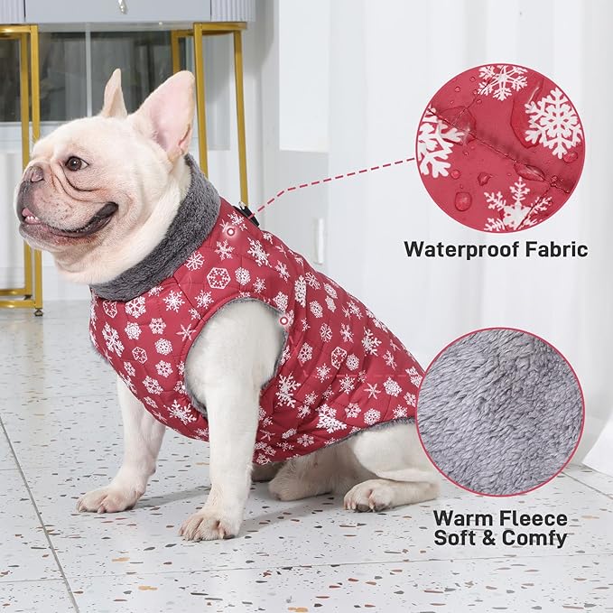 Warm Fleece Dog Coats with Durable Harness Buitl in D-Ring,Waterproof Puppy Jacket for Small Dogs,Dog Vest for Cold Winter,Red,Snow Pattern S