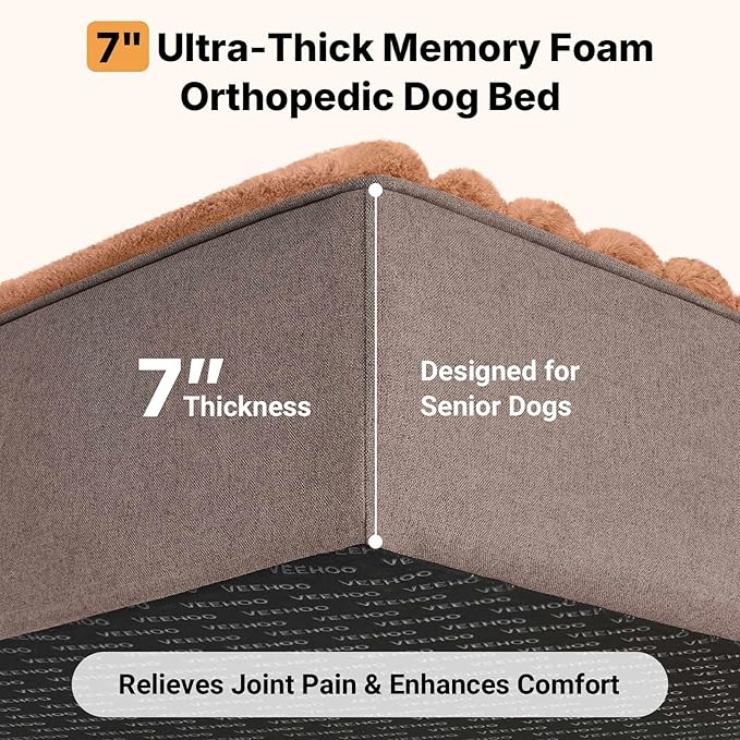 Veehoo Orthopedic Memory Foam Dog Bed, 7 Inch Thick Extra Large XXL Dog Bed for Senior Dogs with Ultra-Soft Fluffy Surface, Waterproof Liner, Removable Washable Cover and Non-Slip Bottom, 52"x36"x7"