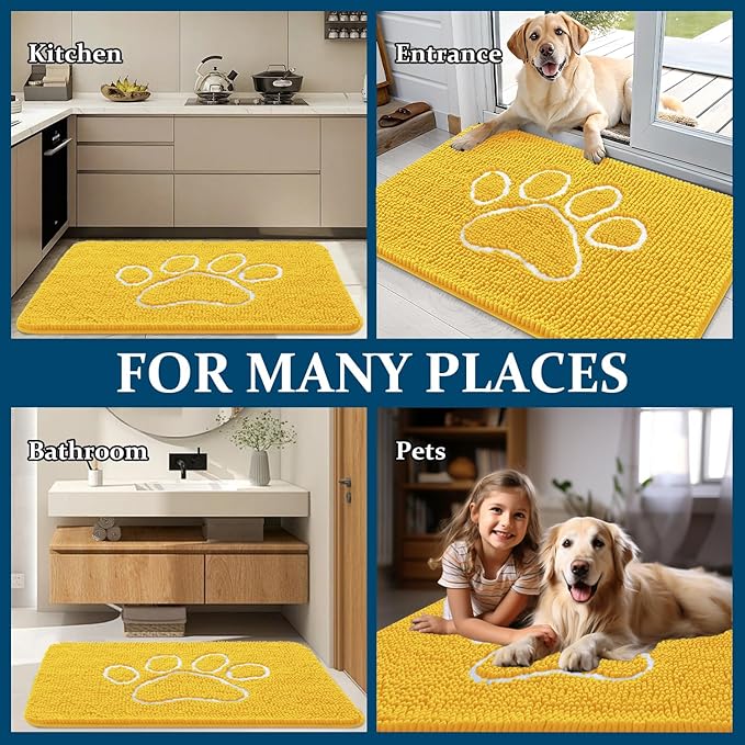 OLANLY Dog Door Mat for Muddy Paws 48x30, Paw Print Design, Absorbs Moisture and Dirt, Absorbent Non-Slip Washable Doormat, Quick Dry Chenille Mud Mat for Dogs, Entry Indoor Entryway Carpet, Yellow