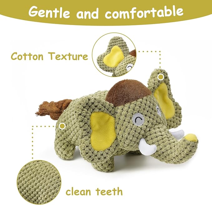 Hollypet Squeaky Plush Stuffed Durable Dog Toys, Cute Puppy Chew Toys for Small, Medium and Large Breed Dogs，Green Elephant