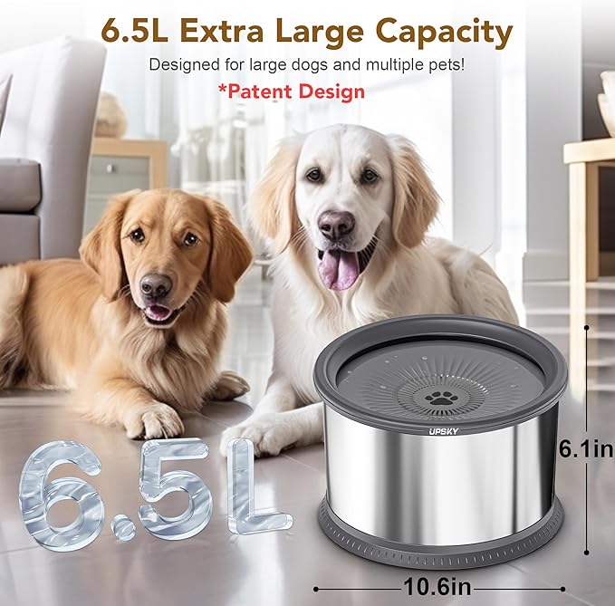 UPSKY 6.5L Dog Water Bowl,1.6 Gallon Super Large Capacity No Spill Dog Water Bowl,Stainless Steel Spill Proof Slow Water Feeder,No Splash Water Bowl with Anti-Slip Mat for Messy Drinkers Grey