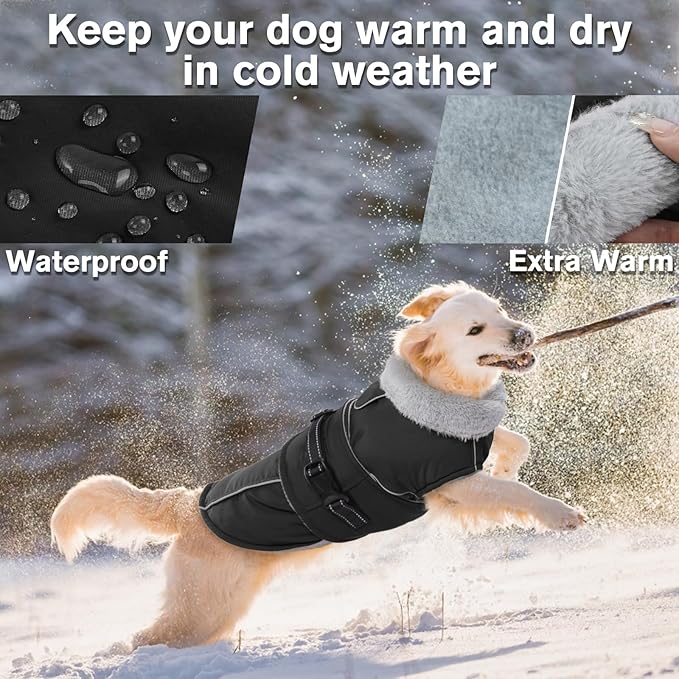 Lelepet Warm Dog Coat Reflective Dog Fleece Vest Waterproof Jacket Windproof Winter Cold Weather Coats with Adjustable Buckle Jackets for Large Dogs, Black, XL