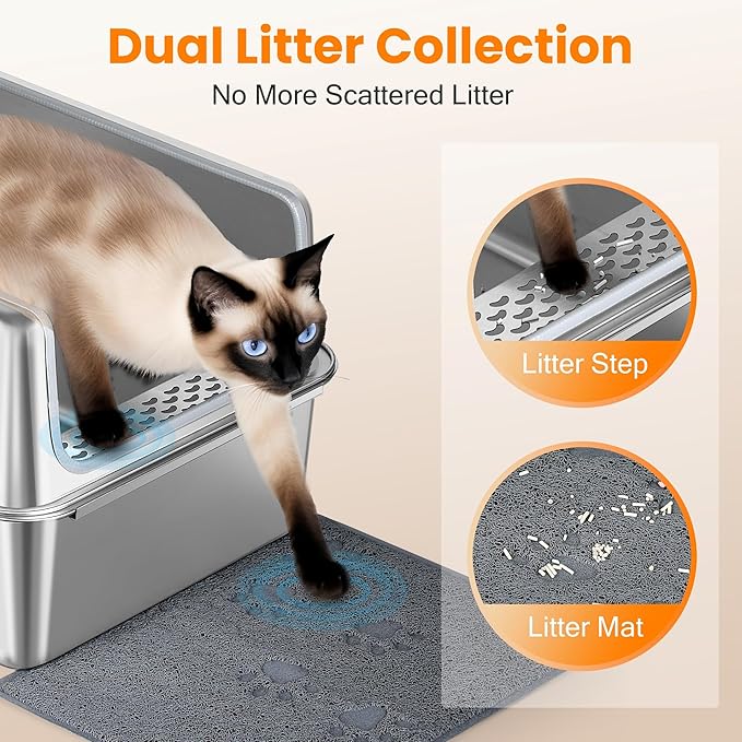 Stainless Steel Litter Box with Metal Lid and Scoop - Enclosed Metal Litter Box for Large Cats, Rust-Resistant, Odor-Control, Easy to Clean, Durable & Long-Lasting with Round Edge (XL)