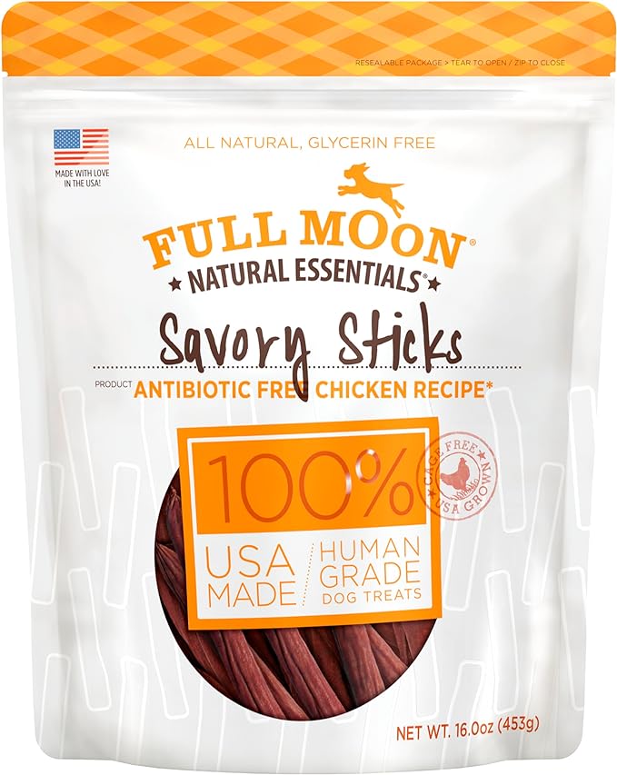 Full Moon All Natural Human Grade Dog Treats, Essential Chicken Savory Sticks, 16 Ounce