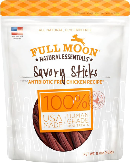 Full Moon All Natural Human Grade Dog Treats, Essential Chicken Savory Sticks, 16 Ounce