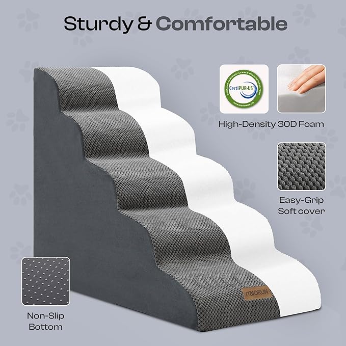 5-Step Curved Dog Stairs for High Beds Up to 30", Non-Slip Foam Pet Ramp for Small and Medium Dogs and Cats, Washable Cover, Soft Climbing Steps for Couch & Sofa