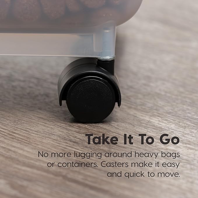 IRIS USA WeatherPro Airtight Dog Food Storage Container, Up to 58 lbs, Attachable Wheels, For Dog Cat Bird and Other Pet Food Storage Bin, Keep Fresh, Translucent Body, Clear/Almond