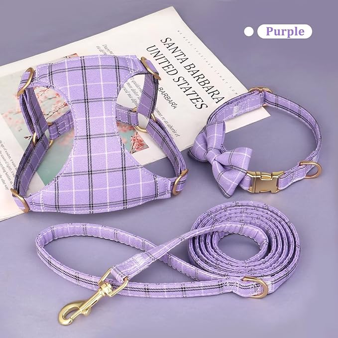 Beirui Cute Extra Small Dog Harness Collar and Leash Set with Bowtie, Soft Adjustable Plaid Puppy Harness for Small Sized Dogs Cats Walks Parties and Photoshoots(Purple,XS:Chest 13-18")