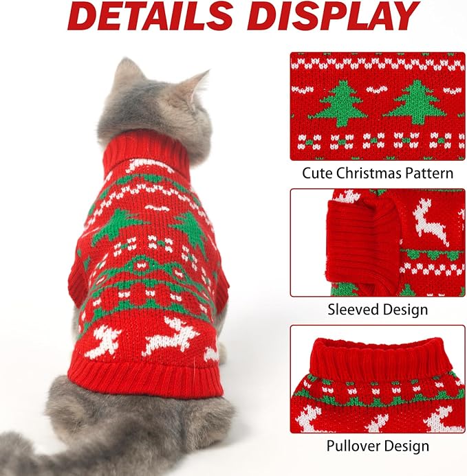 KOOLTAIL Cat Sweater Turtleneck- Soft Knit Cat Christmas Sweaters for Cats Only, Elk Christmas Tree Pattern Thick Warm Cold Weather Pet Clothes Outfit for Small Medium Large Size Kitten Puppy Red L