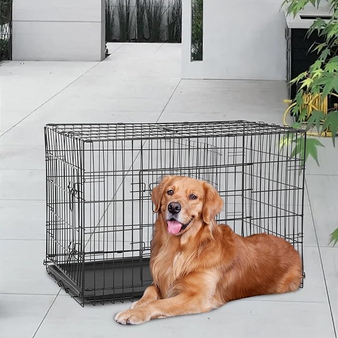 FDW Dog Crate for Large Dogs 48 Inch Folding Metal WirePet Cage Double Door W/Divider Panel Indoor Outdoor Kennel Leak-Proof Plastic Tray,Black