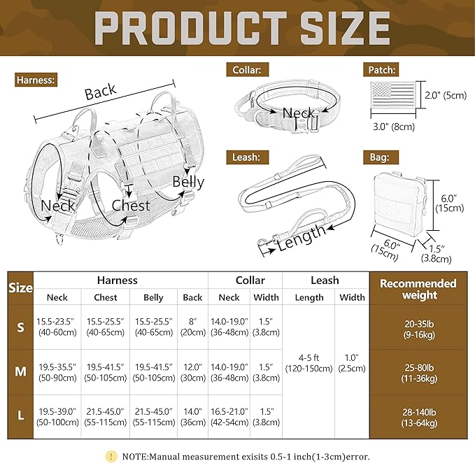 Forestpaw Tactical Dog Harness Tactical Dog Collar with Bungee Leash Set,No Pull Military Dog Harness for Walking Training,Adjustable for Medium Large Dogs,Camouflage Brown,Chest 19.5-41.5"