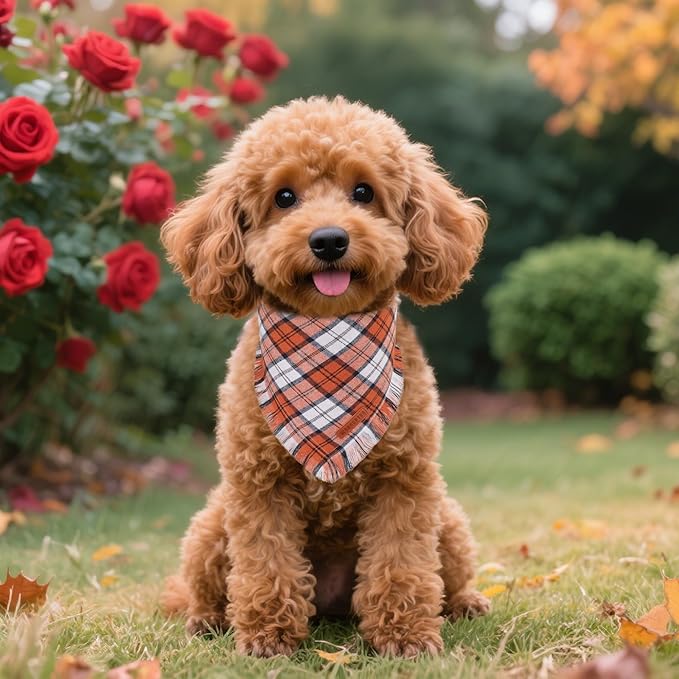 ADOGGYGO Fall Dog Bandanas with Tassels Edges, Orange Brown Plaid Scarf Bib, Multi Size, Fall Thanksgiving Halloween Bandanas for Small Dogs (Small)