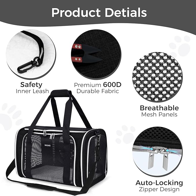 BAGLHER Pet Travel Carrier, Cat Carriers Dog Carrier for Small Medium Cats Dogs Puppies, Airline Approved Small Dog Carrier Soft Sided, Collapsible Puppy Carrier. Black