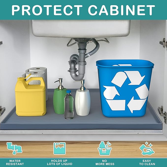 URMONA Waterproof Silicone Under Sink Mat 28'' x 19'' Shelf Liner for Kitchen and Bathroom, Cabinet and Counter Protector, Storage and Organizers, Litter Mat, Pet Cat Puppy Essentials(Cream)