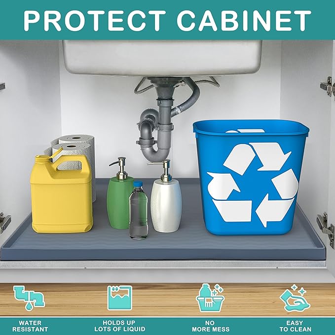 URMONA Waterproof Silicone Under Sink Mat 28'' x 19'' Shelf Liner for Kitchen and Bathroom, Cabinet and Counter Protector, Storage and Organizers, Litter Mat, Pet Cat Puppy Essentials(Dark Grey)