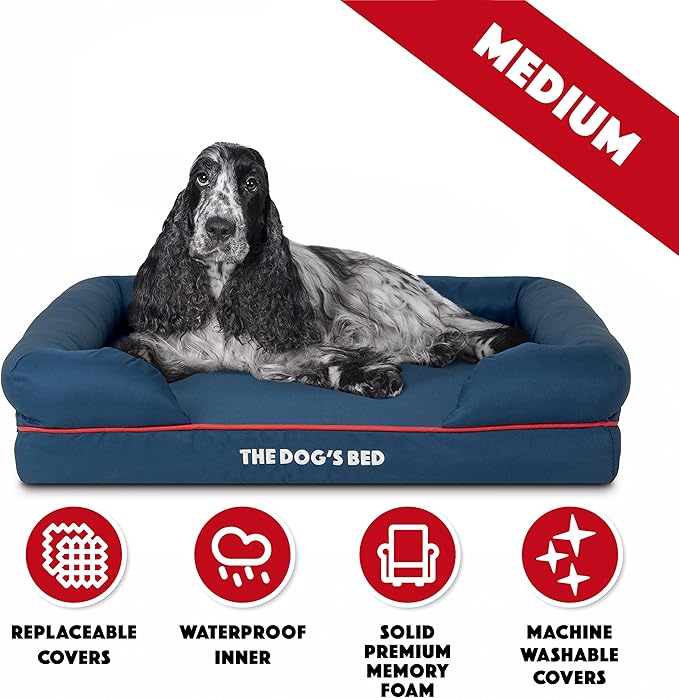 The Dog’s Bed, Medium Blue/Red 30x23.5, Memory Foam, Pain Relief: Arthritis, Hip & Elbow Dysplasia, Post Surgery, Lameness, Supportive, Calming, Waterproof Washable Cover, Veterinary Approved
