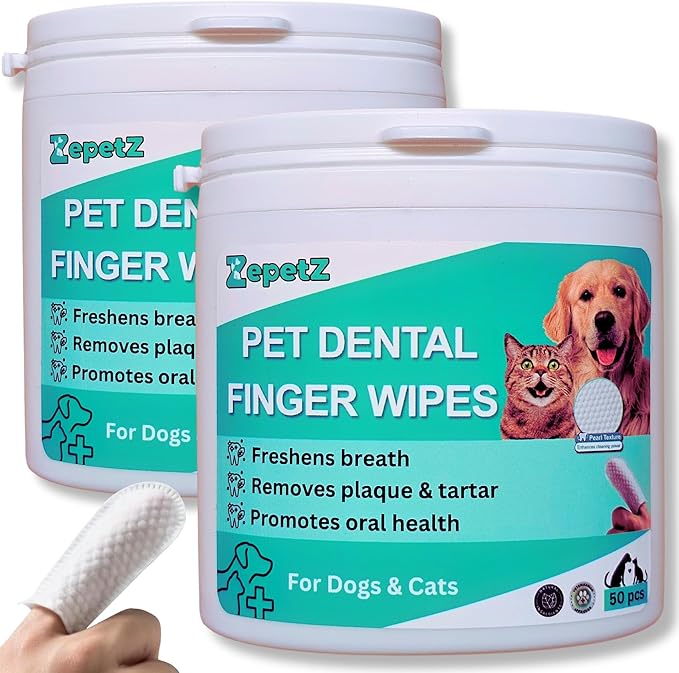 Pet Dental Finger Wipes for Dogs & Cats – Dog Tooth Wipes & Toothbrush Alternative – Easy Teeth Cleaning to Reduce Plaque, Tartar & Bad Breath – Vet-Approved Cat & Dog Oral Care (2 Pack).