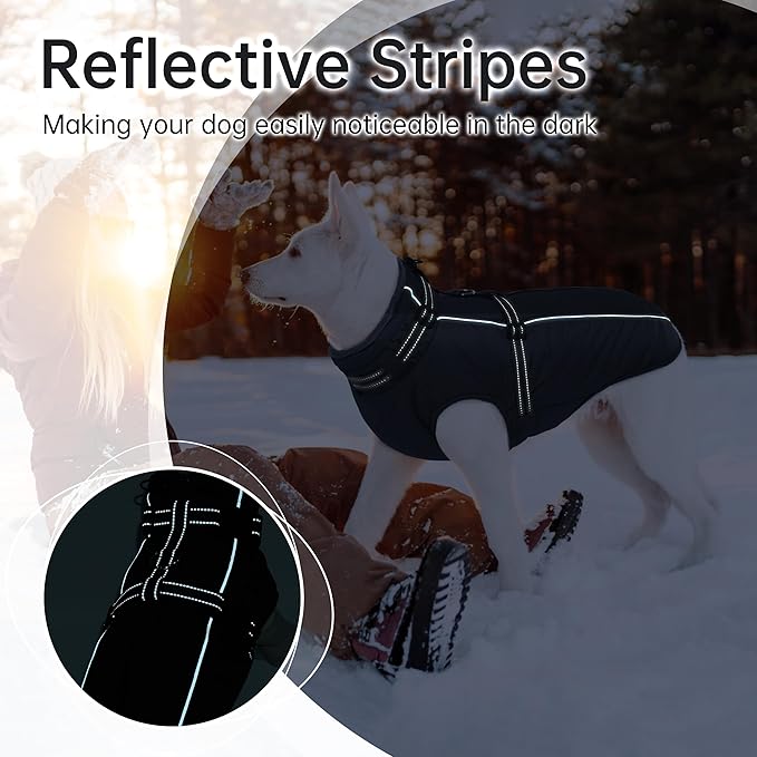 PUMYPOREITY Winter Fleece Coat for Small Dogs, Reflective Dog Jacket with Harness Built in, Waterproof Warm Coat for Dogs, Cold Weather Coats for Outdoor, Therma Windproof Pet Snowsuit, Black, S