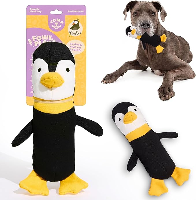 Yomp Penguin Dog Toy – Durable Stuffed, No Squeaker Dog Toys with Natural Canvas and Crinkle Paper – Interactive Stuffed Animal for Dogs (Waddles)