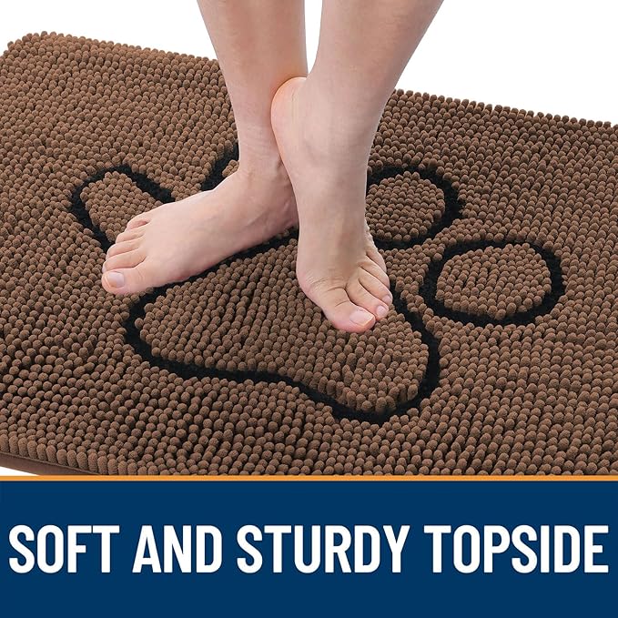 OLANLY Dog Door Mat for Muddy Paws 36x24, Paw Print Design, Absorbs Moisture and Dirt, Absorbent Non-Slip Washable Doormat, Quick Dry Chenille Mud Mat for Dogs, Entry Indoor Entryway Carpet, Mocha