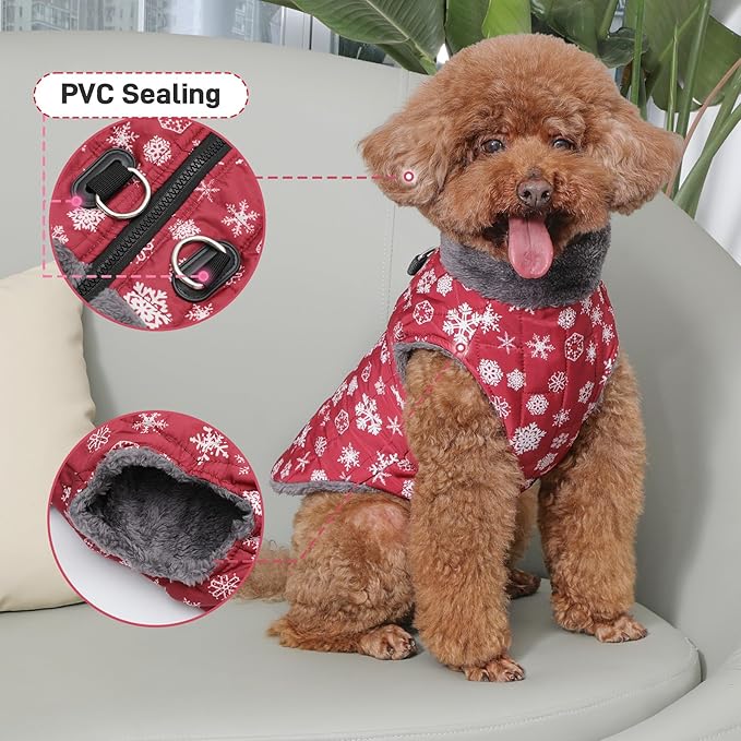 Warm Fleece Dog Coats with Durable Harness Buitl in D-Ring,Waterproof Doggie Jacket for Medium Dogs,Dog Vest for Cold Winter,Red,Snow Pattern L