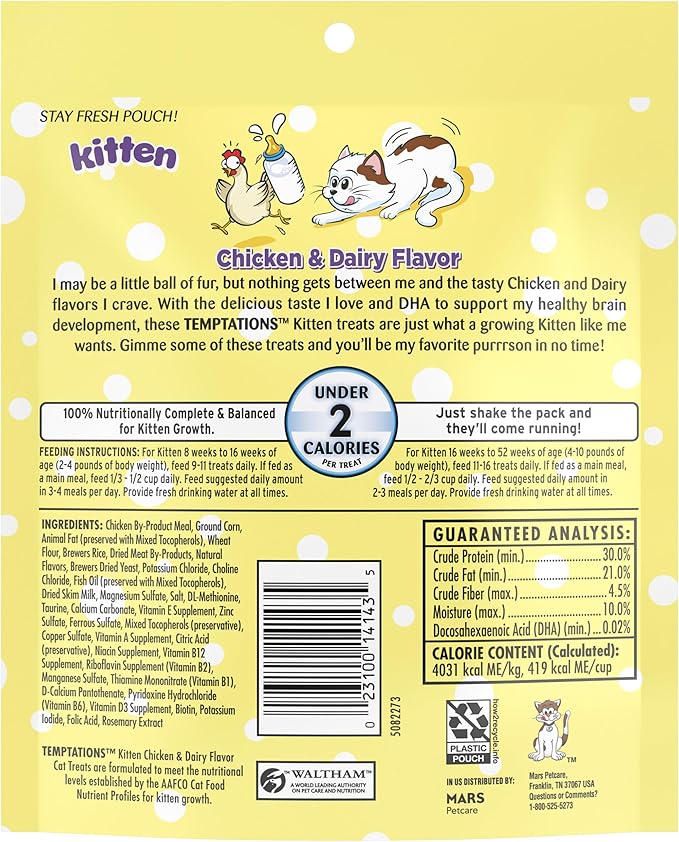 Temptations Kitten Crunchy and Soft Cat Treats Chicken and Dairy Flavor, 6.3 oz. Pouch, (Pack of 10)