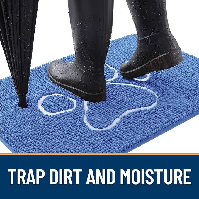 OLANLY Dog Door Mat for Muddy Paws 48x30, Paw Print Design, Absorbs Moisture and Dirt, Absorbent Non-Slip Washable Doormat, Quick Dry Chenille Mud Mat, Entry Indoor Entryway Carpet, Cornflower Blue