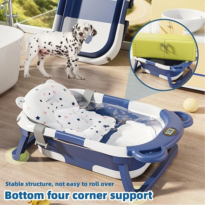Collapsible Dog Bathtub with thermometer, suitable for dogs and cats - Portable and foldable dog bathtub with drain plug - Space-saving dog bathing basin and multi-purpose laundry/storage basket(Blue)